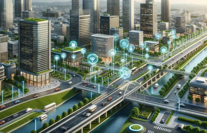 A close-up, photorealistic depiction of DePIN and RWA tokenization with advanced technology. Focus on modern buildings, bridges, and roads equipped