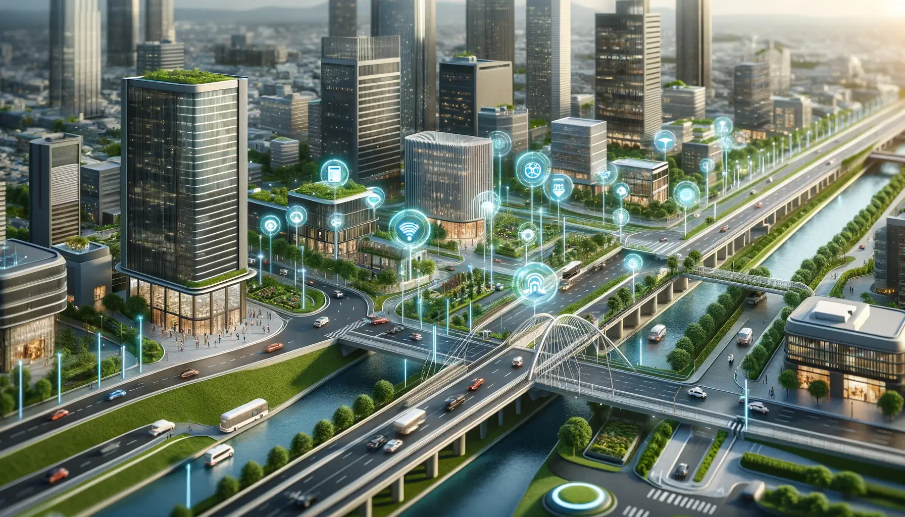 A close-up, photorealistic depiction of DePIN and RWA tokenization with advanced technology. Focus on modern buildings, bridges, and roads equipped