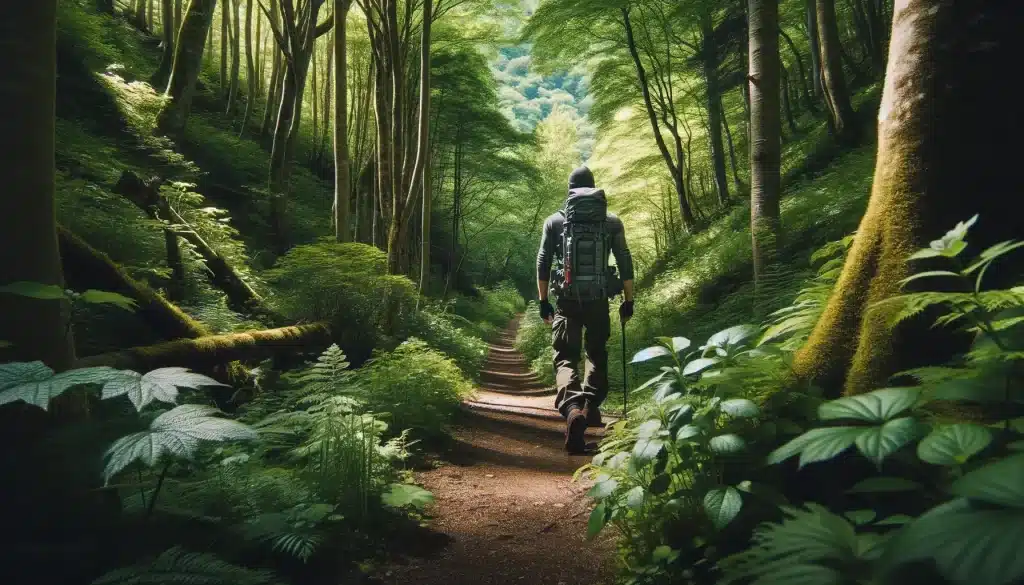 A close-up view of a single hiker on a walking trails in a lush green forest. The hiker, dressed in modern outdoor gear, is walking along a dirt path