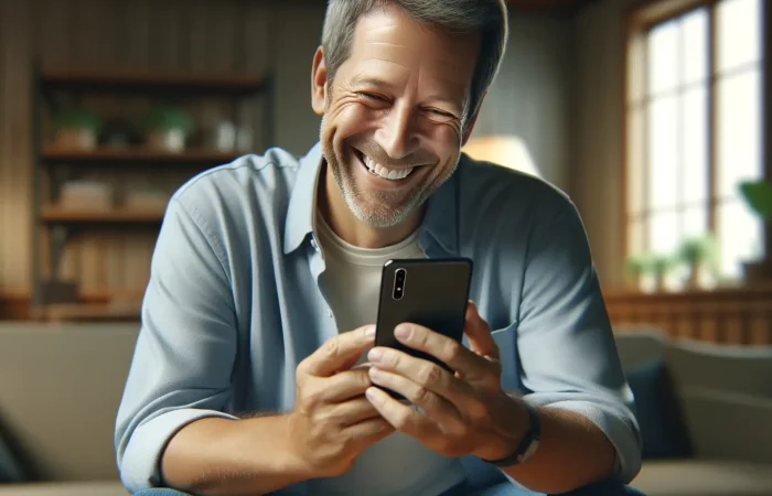images depicting a joyful middle-aged Caucasian male using a smartphone, feeling secure because his data is protected by decentralized applications (DApps)