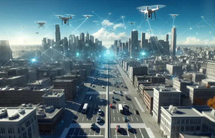 Photorealistic cityscape with clear roads and multiple cars under a clear blue sky at noon. Above, drones are visibly interconnected via glowing lines, depicting a decentralized Physical Infrastructure network (DePIN) running on the Peaq network.