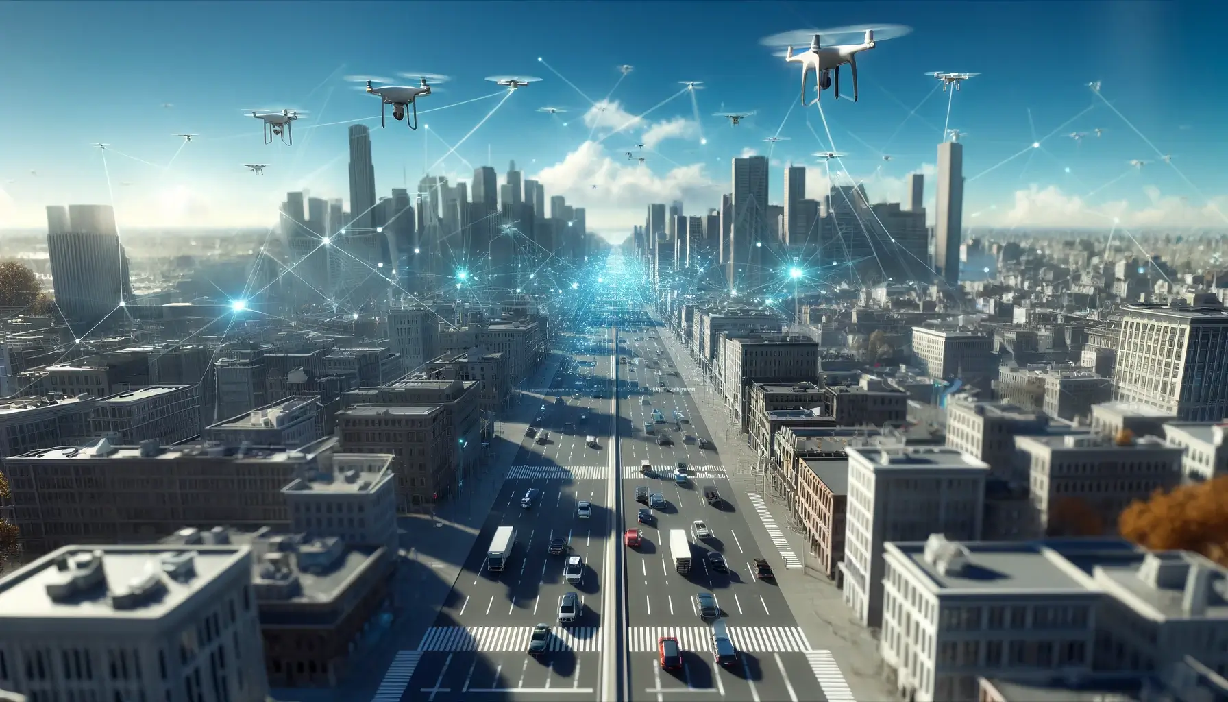Photorealistic cityscape with clear roads and multiple cars under a clear blue sky at noon. Above, drones are visibly interconnected via glowing lines, depicting a decentralized Physical Infrastructure network (DePIN) running on the Peaq network.