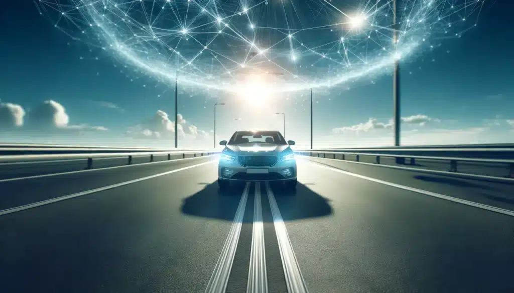 Photorealistic image of a car driving on a road that mimics a map, under a clear blue sky. The car is connected to an elaborate network of glowing lines symbolizing a DePIN running on the Peaq network, highlighting advanced digital connectivity.