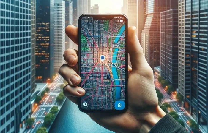 An image of a hand holding a smartphone in displaying a map view in a navigation applications with detailed streets and routes.