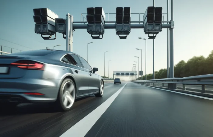Car driving on the highway with speed cameras visible along the route.