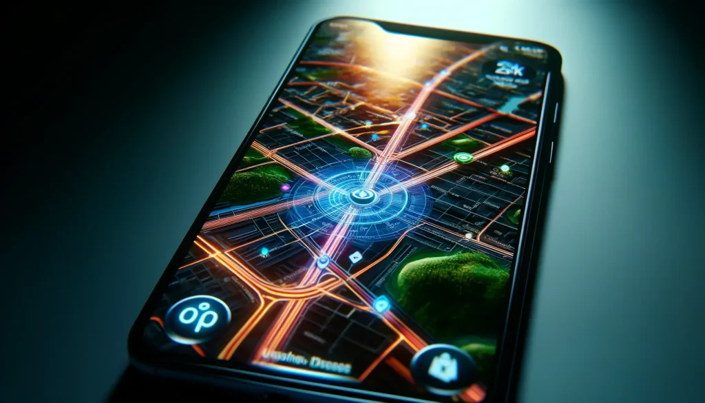 An image of a close up screen of a smartphone in displaying a map view in a navigation applications with detailed streets and routes.