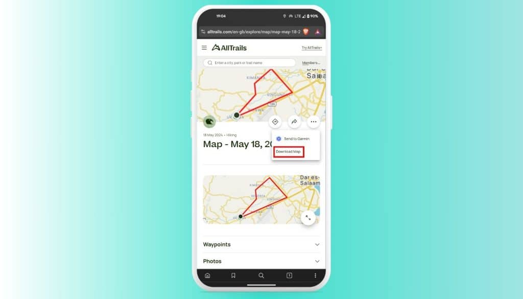 A screenshot of how to transfer GPX hiking trails from AllTrails to MapMetrics for nature walks.