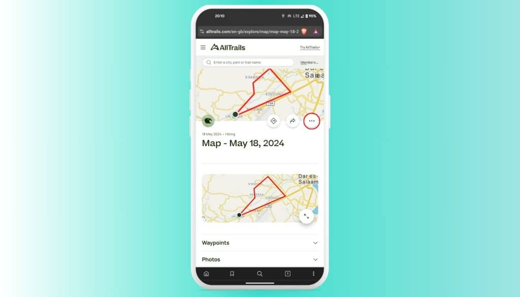 A screenshot of seamless GPX import from AllTrails to MapMetrics for best hiking trails.