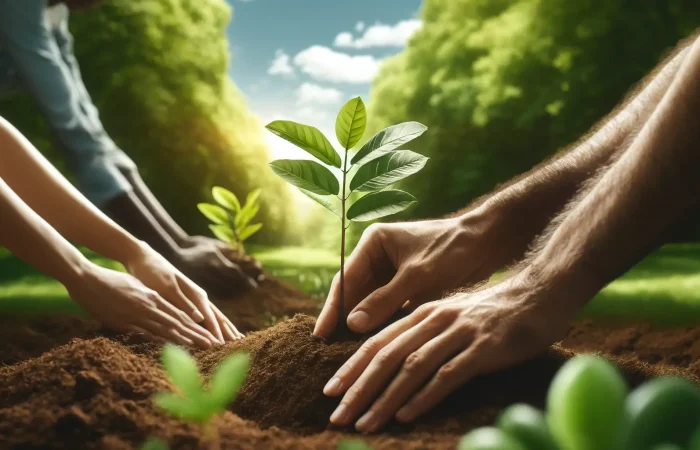 Close-up of diverse hands planting a sapling in rich soil, under clear skies, emphasizing CO2 emissions reduction through reforestation.