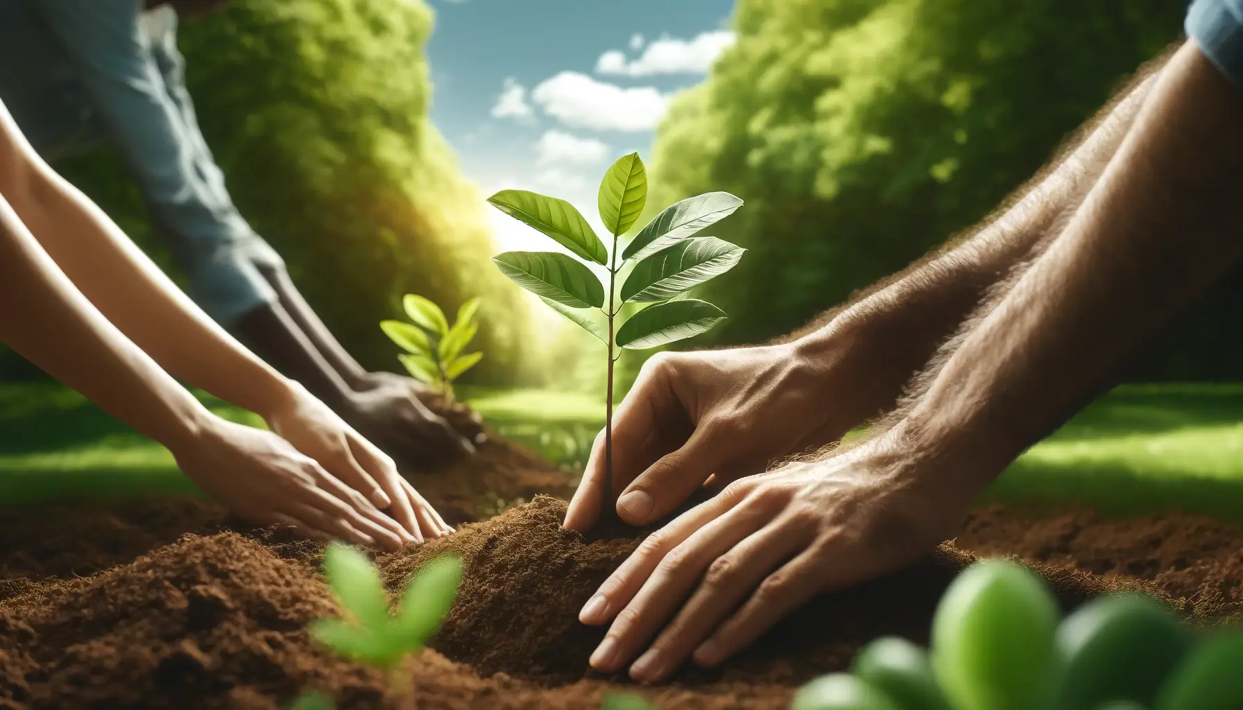 Close-up of diverse hands planting a sapling in rich soil, under clear skies, emphasizing CO2 emissions reduction through reforestation.