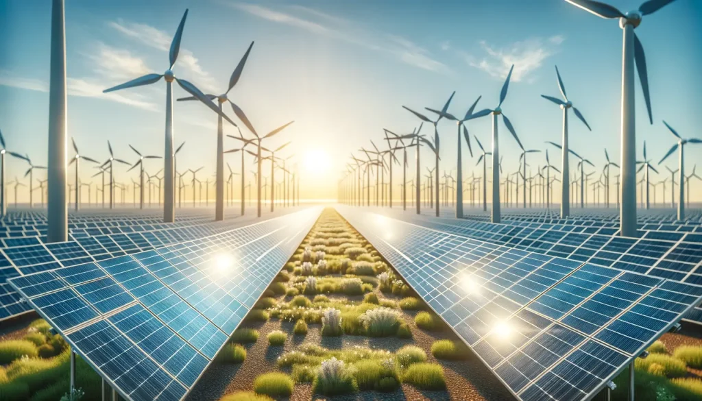  hyper-realistic photo of a solar panel farm and wind turbines as DePIN project depicting decentralized energy system. The scene shows rows of solar panels glistening in the sunlight, with large wind turb 