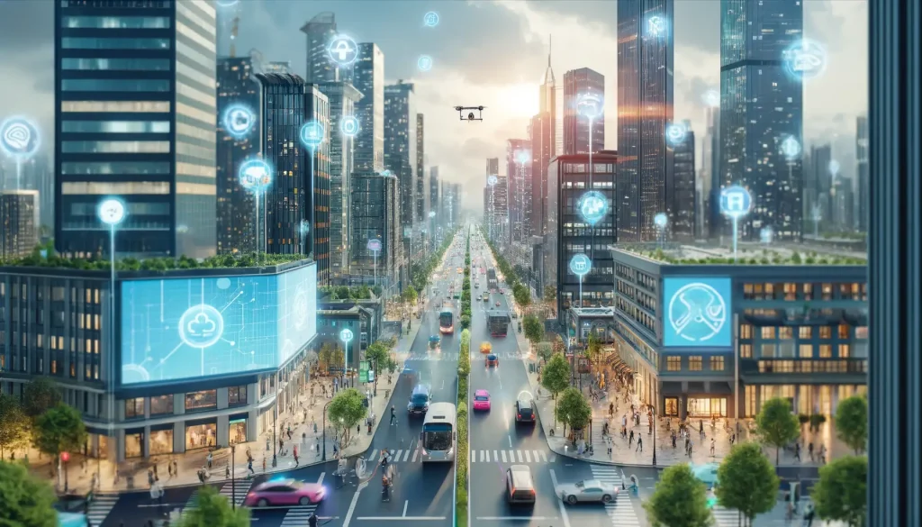 An image of a smart city with connected IoT depicting DePIN and RWA tokenization.