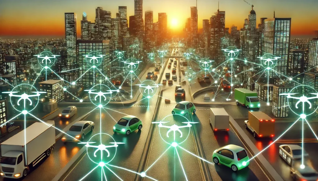 Photorealistic depiction of Decentralized Physical Infrastructure Networks (DePIN) in a modern cityscape illuminated by warm light. Various nodes such as drones,lights are interconnected by glowing lines, emphasizing advanced technology and connectivity.
