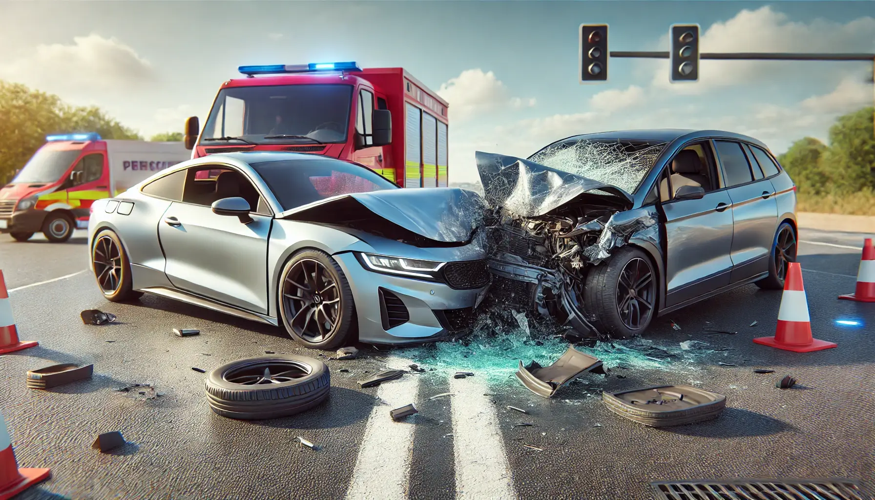 An image of road accidents involving two modern cars with damaged front ends and debris on a clear road under a sunny sky