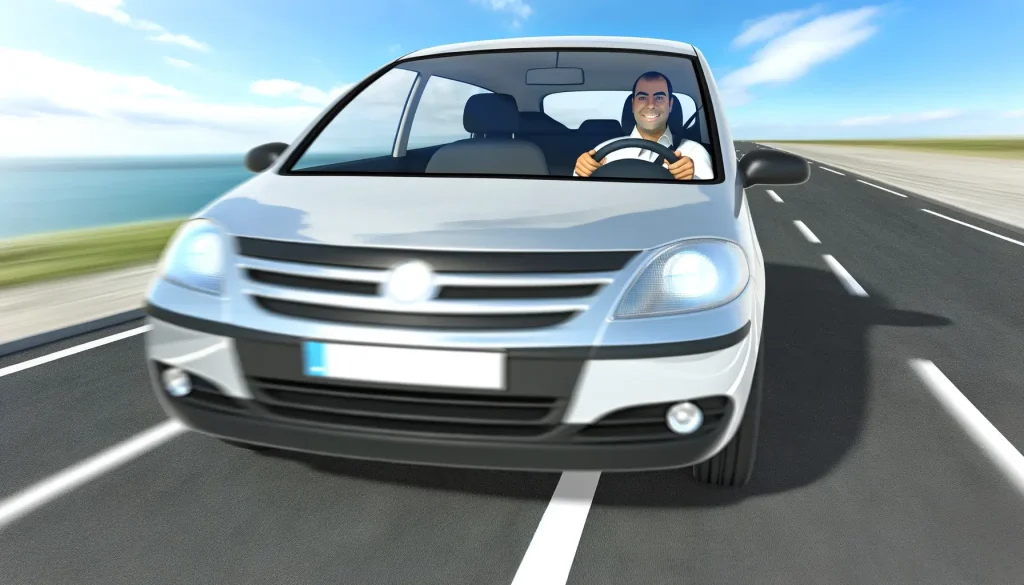 An image of a driver on the road with a big smile, driving happily, symbolizing no road accidents.