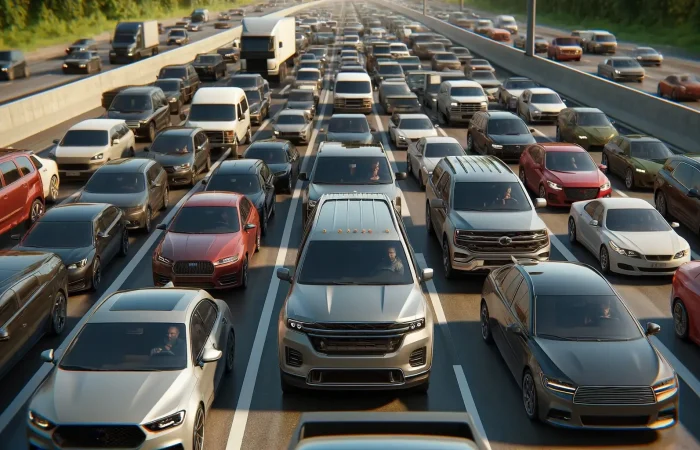 An images depicting road traffic congestion on a highway during the daytime.