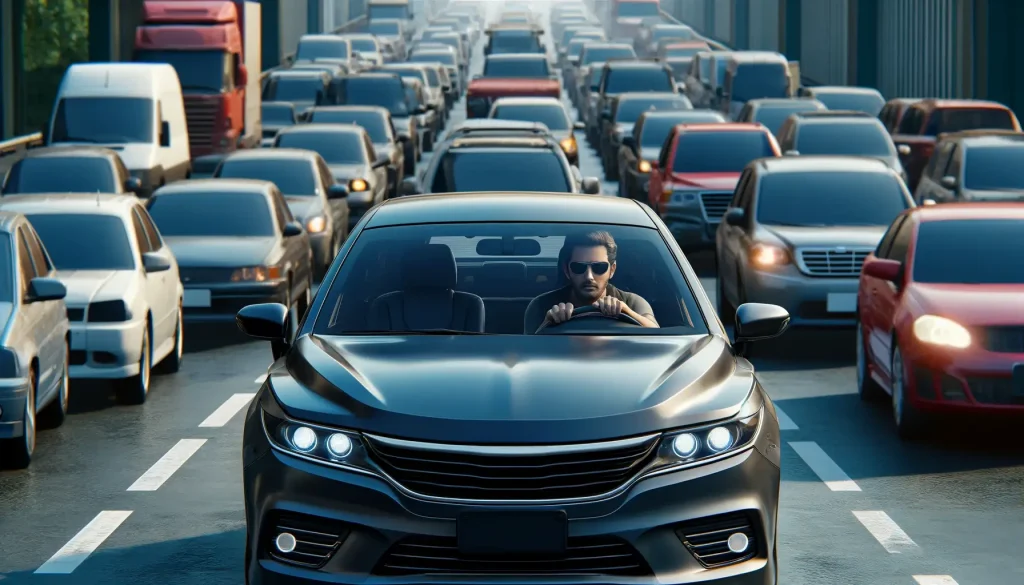 An images of a frustrated driver stuck in traffic congestion during an overcast day