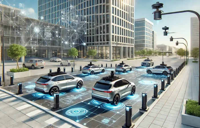 Photorealistic image of an outdoor DePIN and IoT network with a modern parking lot, smart parking sensors, and self-driving cars equipped with advanced sensors.