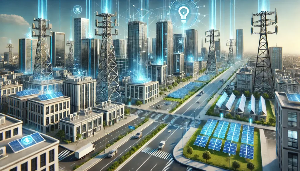A highly clean, photorealistic depiction of a smart city featuring cell phone towers and an energy grid with solar panels, representing Decentralized Physical Infrastructure Networks -DePINs.
