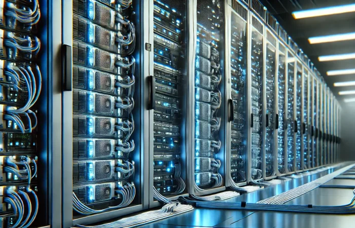 Data center with numerous servers storing and processing user data, highlighting the importance of secure and ethical data handling and addressing concerns of data exploitation.