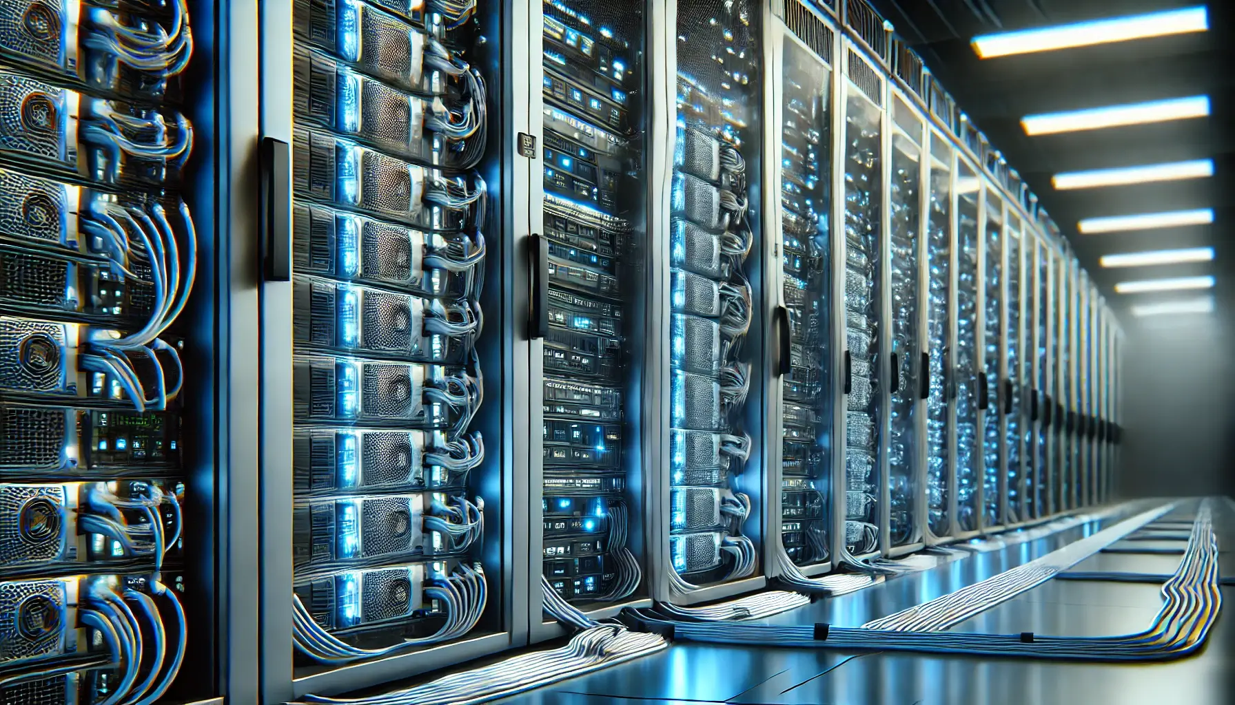 Data center with numerous servers storing and processing user data, highlighting the importance of secure and ethical data handling and addressing concerns of data exploitation.