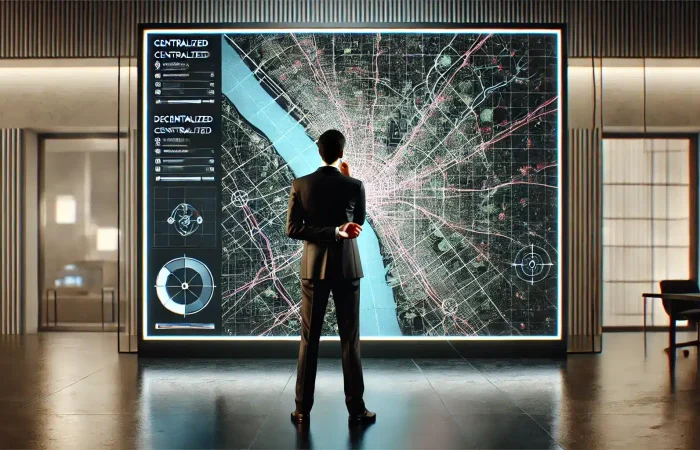 A person stands in front of a big screen, contemplating how a centralized navigation company collects User Data.