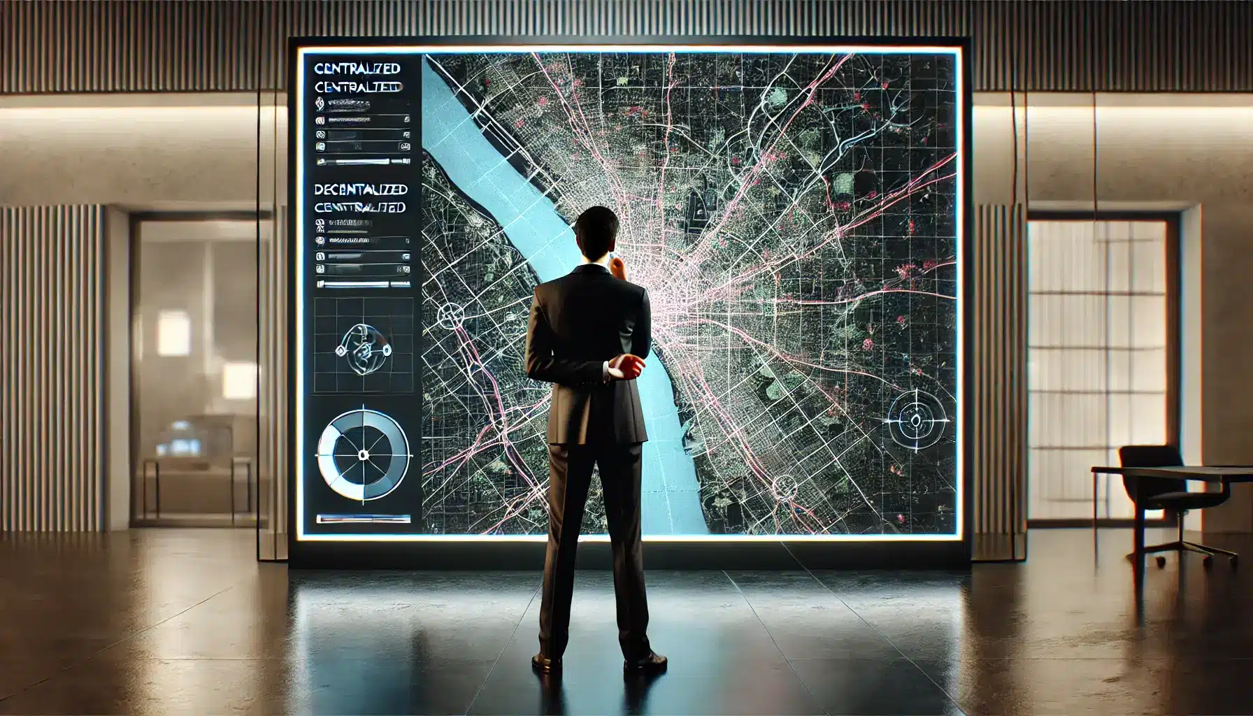 A person stands in front of a big screen, contemplating how a centralized navigation company collects User Data.