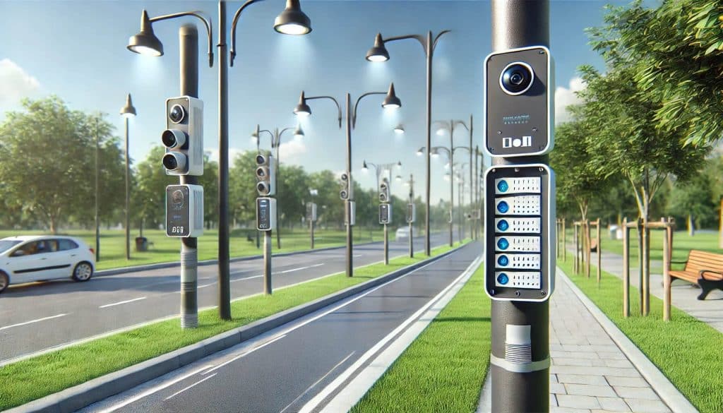 Refined photorealistic image of an outdoor DePIN and IoT network in an urban park, featuring environmental sensors mounted on poles.
