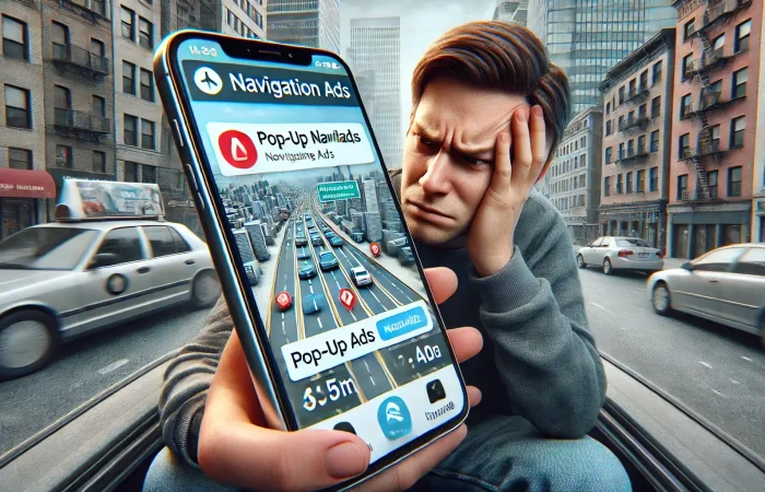 A person sitting in a car, holding a smartphone with a navigation app open. The screen is cluttered with multiple intrusive pop-up ads. The person has an annoyed expression, highlighting their frustration with the ad-filled navigation experience. The background includes city elements such as buildings and roads, emphasizing the real-life context of the situation.