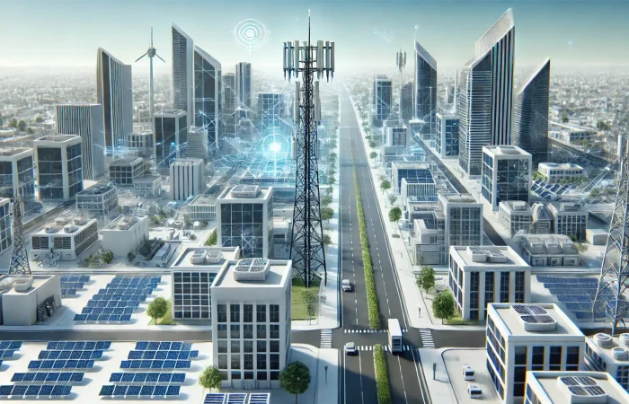 smart city feature cell phone towers and an energy grid with solar panels depicting DePINs.