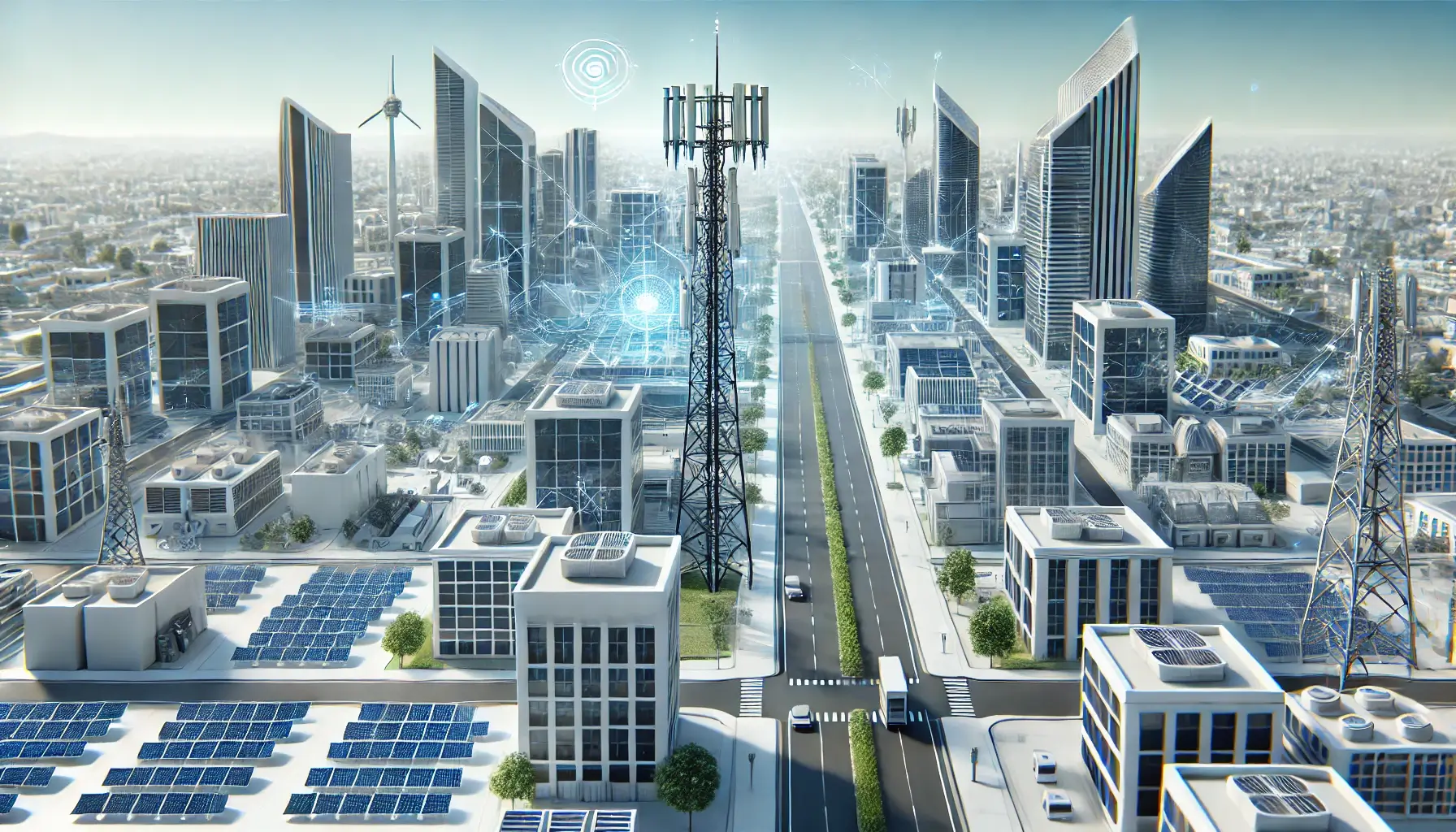 smart city feature cell phone towers and an energy grid with solar panels depicting DePINs.