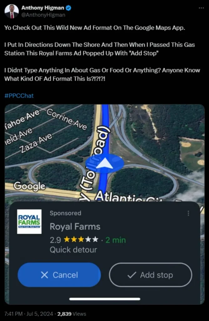 Tweet showing Google Maps' new pop-up ads format. User complains about an unsolicited ad for Royal Farms gas station while navigating, highlighting frustration with unexpected ads. MapMetrics can offer ad-free, user-controlled navigation alternatives.