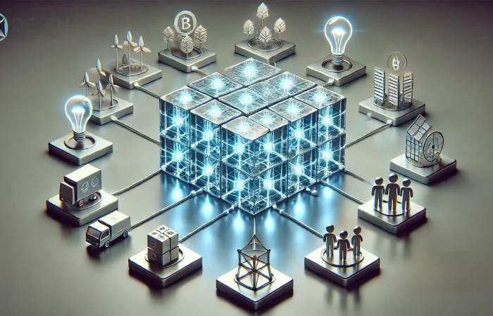 Illustration of a blockchain network serving as the cornerstone for DePIN ecosystems, highlighting the essential role of blockchain technology in supporting decentralized physical infrastructure networks.