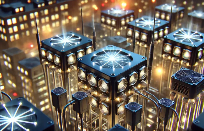 A close-up, photorealistic view of network nodes used in Decentralized Physical Infrastructure Networks (DePIN).