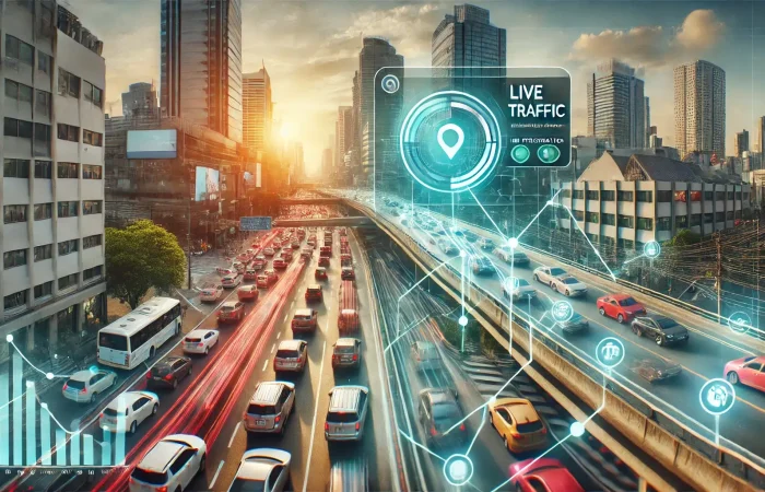 Header image showing a busy city street with moving cars and traffic signals, overlaid with a digital map interface displaying real-time traffic data. The image highlights the integration of Decentralized Physical Infrastructure Networks (DePIN) and crowdsourced live traffic information, blending the physical and digital worlds for enhanced navigation.