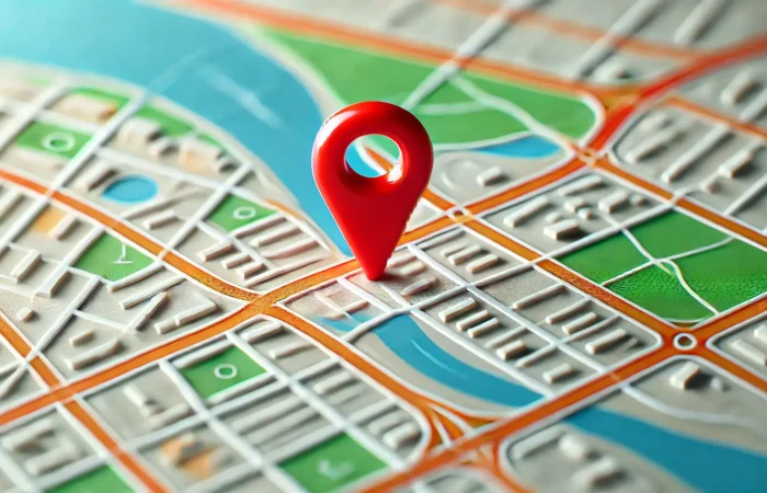 A close-up image of a tilted blue location pin on a colorful map, with saved places marked. The map features detailed streets, rivers, and small buildings, using vibrant colors for the landscape.