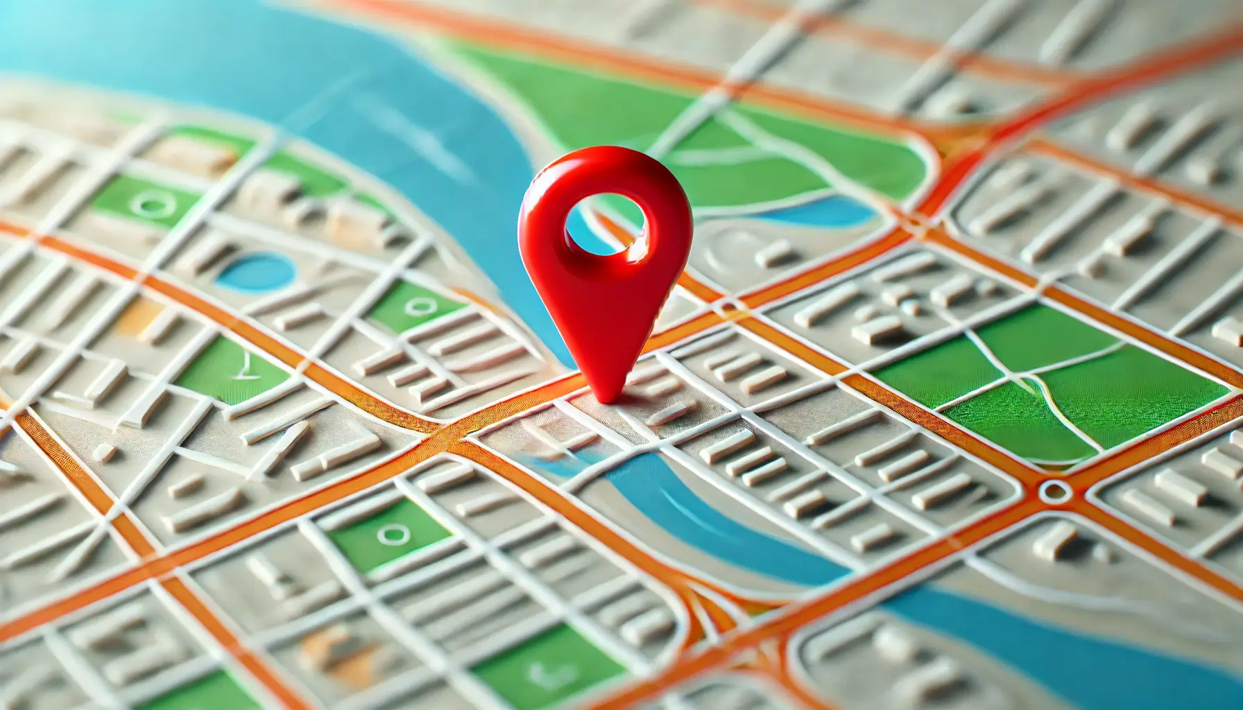 A close-up image of a tilted blue location pin on a colorful map, with saved places marked. The map features detailed streets, rivers, and small buildings, using vibrant colors for the landscape.