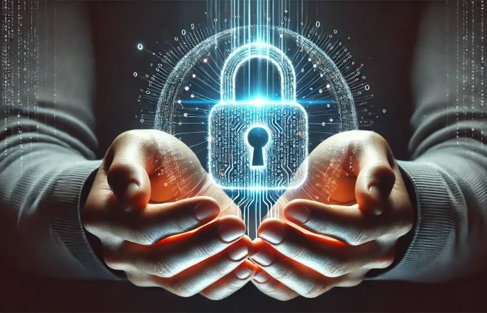 A pair of hands gently holding a glowing digital padlock, symbolizing control over online privacy and data security.