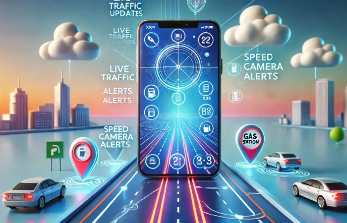 "Icons showcasing new features of a navigation app, including live traffic, speed camera alerts, gas station popups, and real-time location tracking.