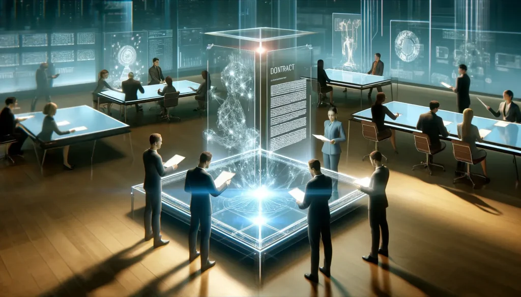 An Image capturing the concept of smart contracts and decentralized physical infrastructure Network.