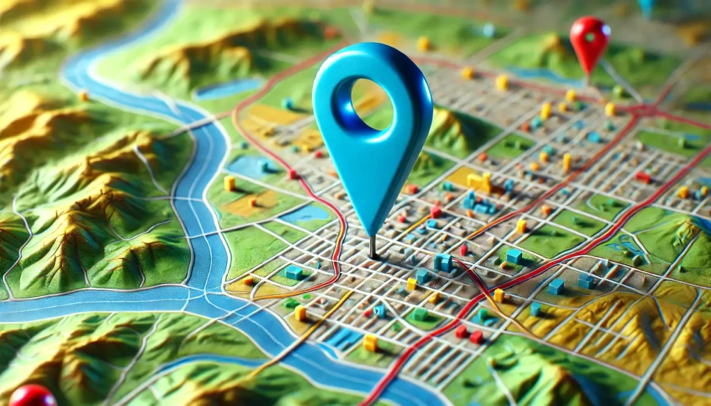 A bright blue location pin slightly tilted on a map displaying saved places. The map includes terrain details, such as roads, city blocks, and water areas, with a lively and colorful design