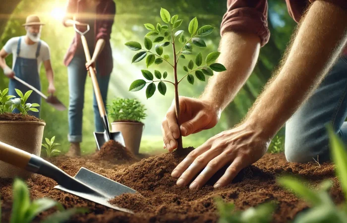 Two people planting a tree in an eco-friendly setting, with one placing a sapling in the soil and the other holding a shovel, surrounded by greenery.