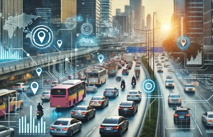 City road displaying live traffic updates with cars in traffic and route changes