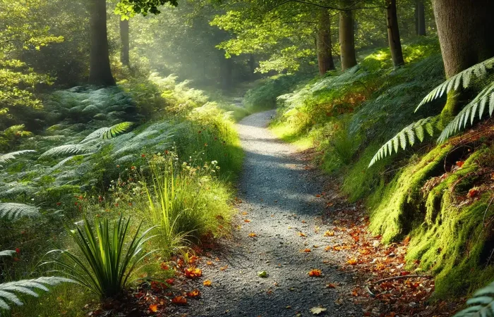 A close-up view of a walking trail surrounded by greenery, fallen leaves, and sunlight filtering through trees, creating a peaceful, natural atmosphere.