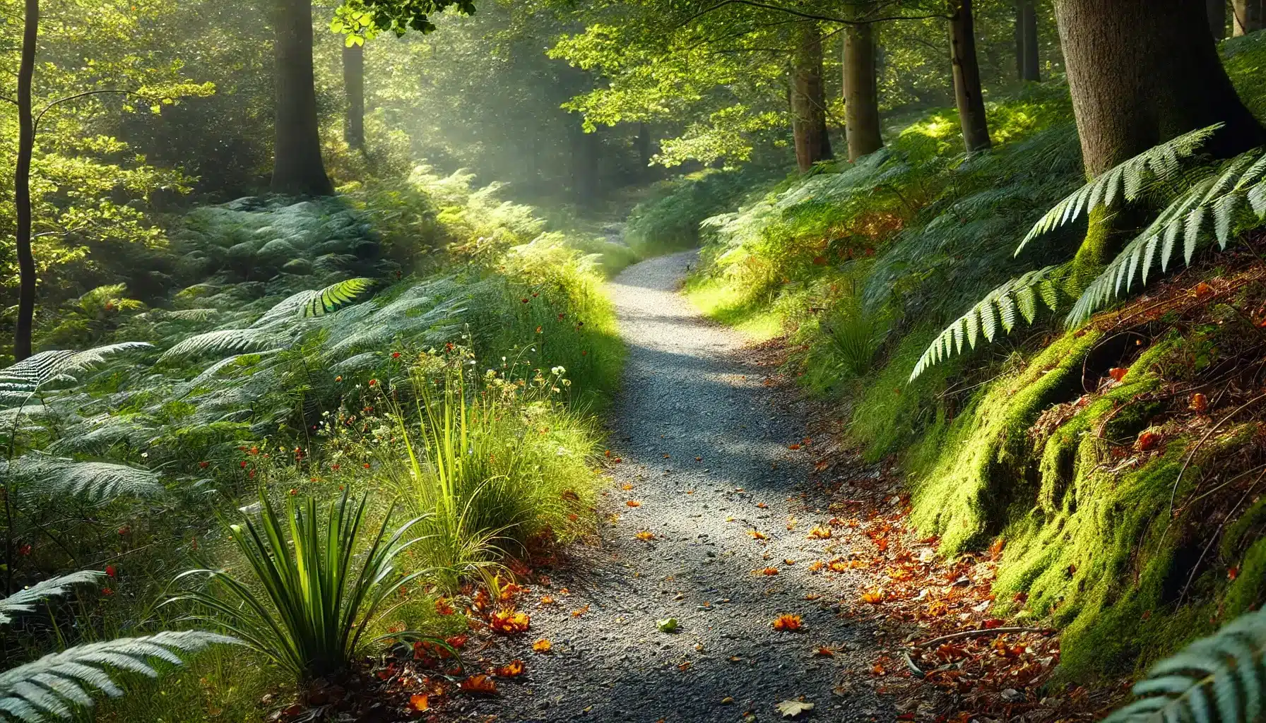 A close-up view of a walking trail surrounded by greenery, fallen leaves, and sunlight filtering through trees, creating a peaceful, natural atmosphere.