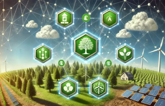 A futuristic landscape showcasing web3 technology's role in climate action, with transparent ledgers tracking carbon credits and tree-planting efforts.