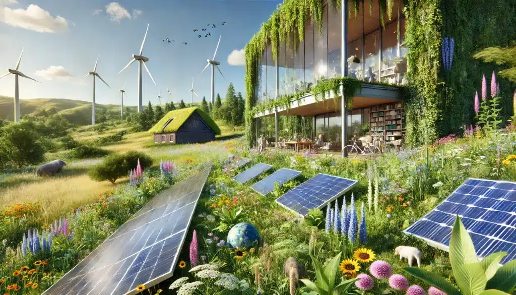  A realistic view of a sustainable environment featuring green energy technology, energy-efficient homes, and vibrant wildlife amidst natural landscapes.