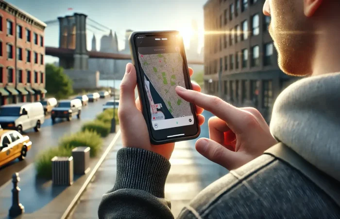 scene showing a person providing a User feedback on a navigation app through their smartphone.