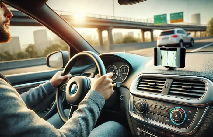 Driver commuting with a blurred phone screen, focused on using an app to earn rewards.