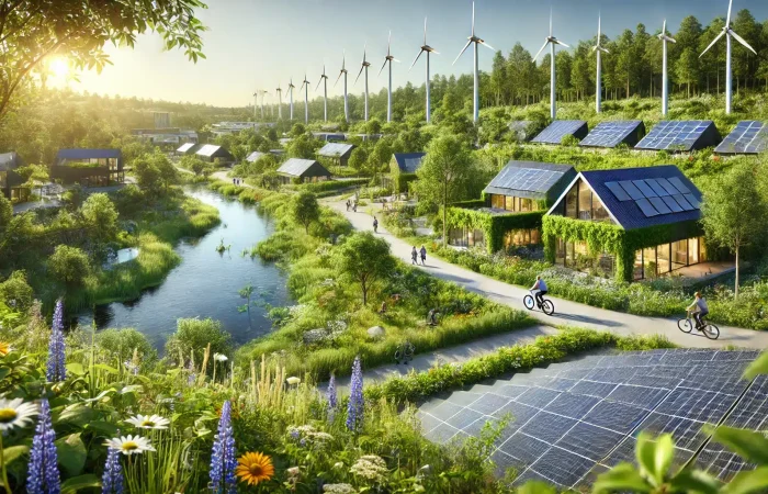 Close-up of a sustainable environment with solar panels, wind turbines, lush greenery, and blooming wildflowers, showcasing eco-friendly living.